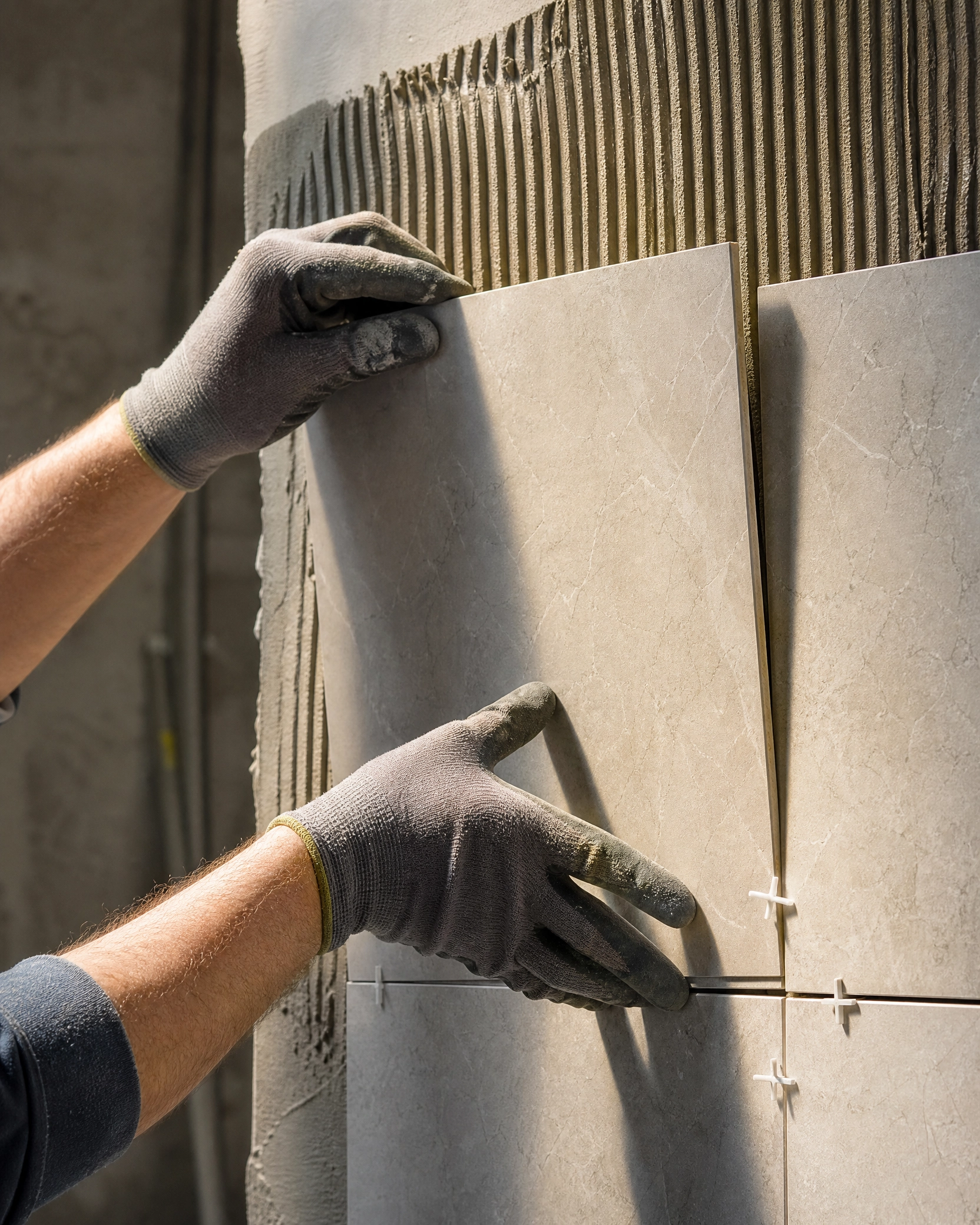 Careful professional tile installation with precise alignment